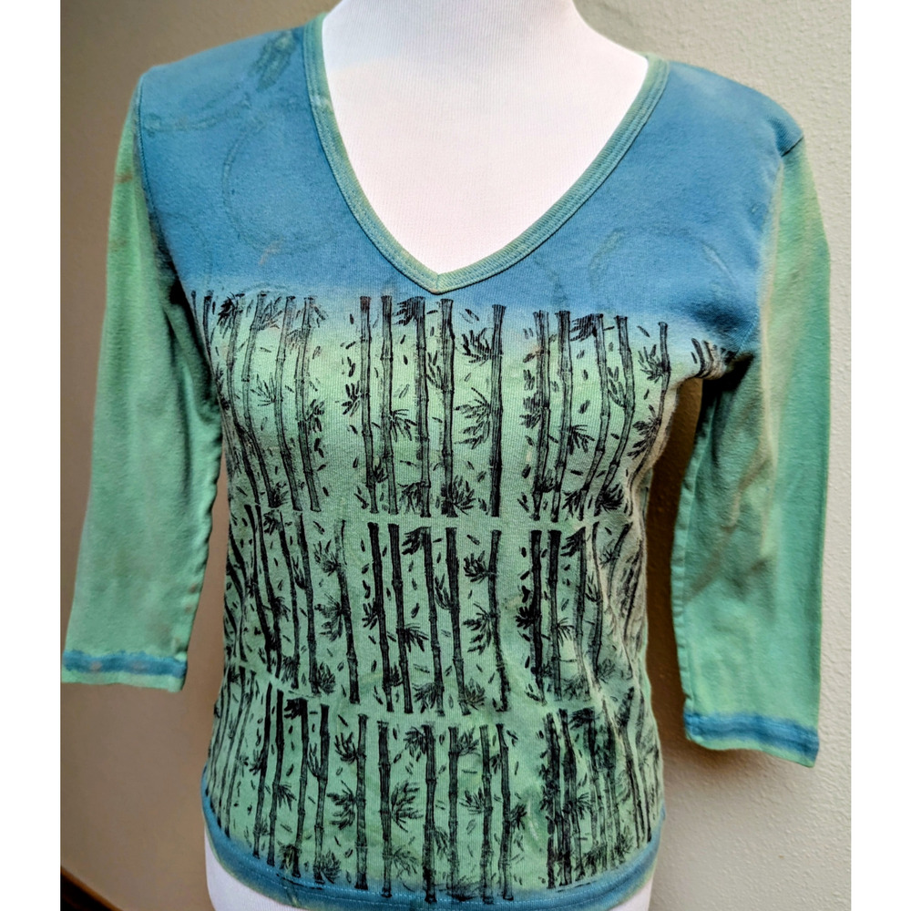 One-of-a-Kind Hand Dyed & Stamped Bamboo Print Top | Blue Green | Size Small